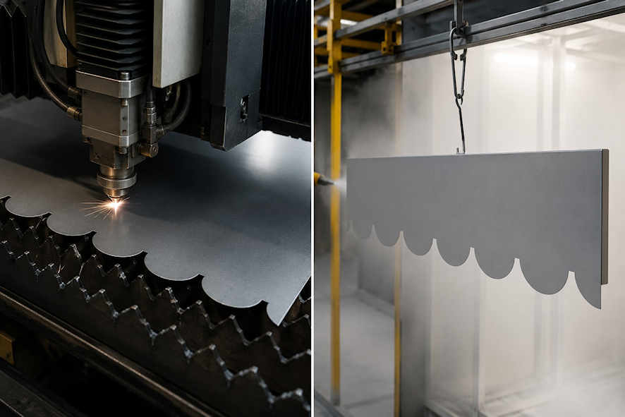 Découpe laser et thermolaquage d’un lambrequin aluminium décoratif